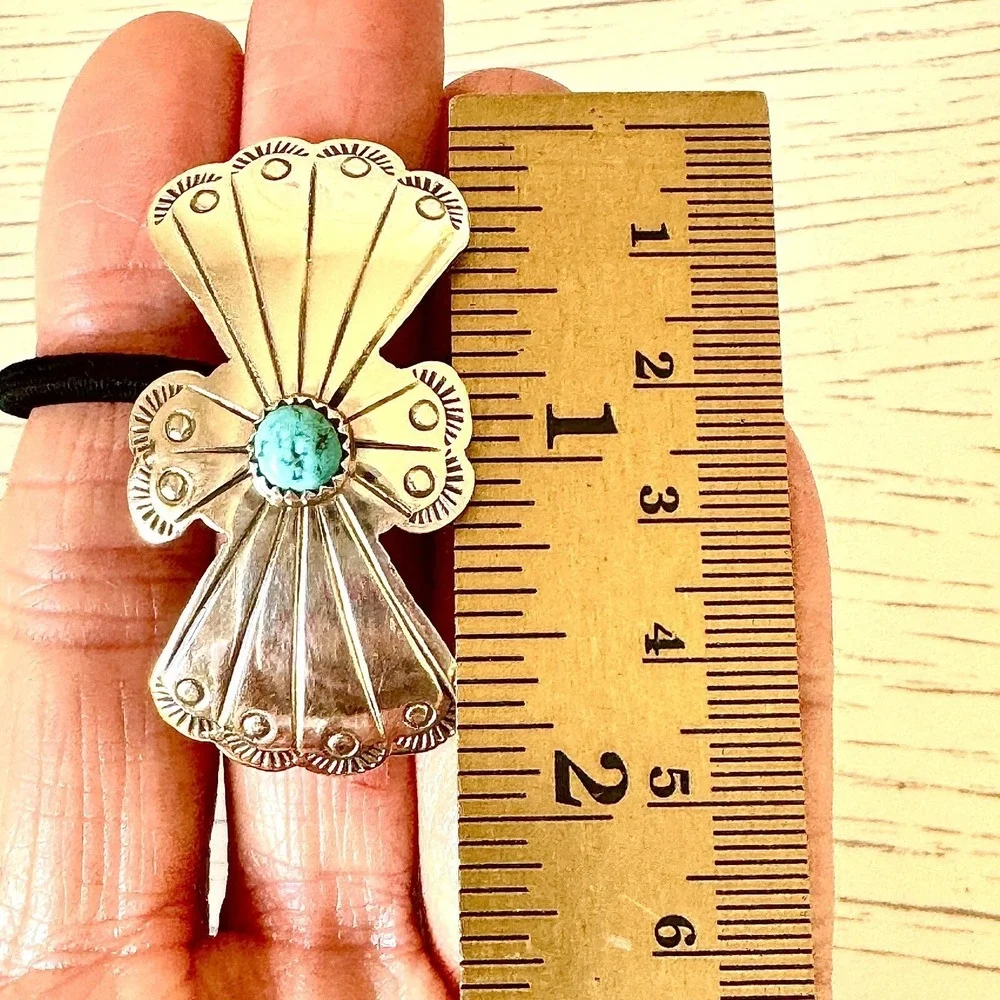 Turquoise Navajo Hair Tie 1.75in Ponytail Hand Stamped Sterling Ornament‎ Concho